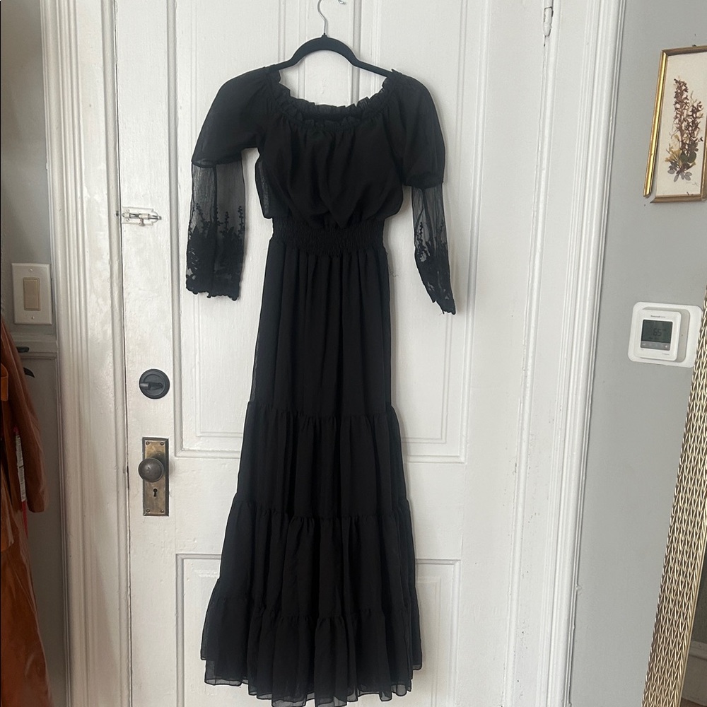 Witchy Black Maxi Peasant Dress with Lace Sleeves
